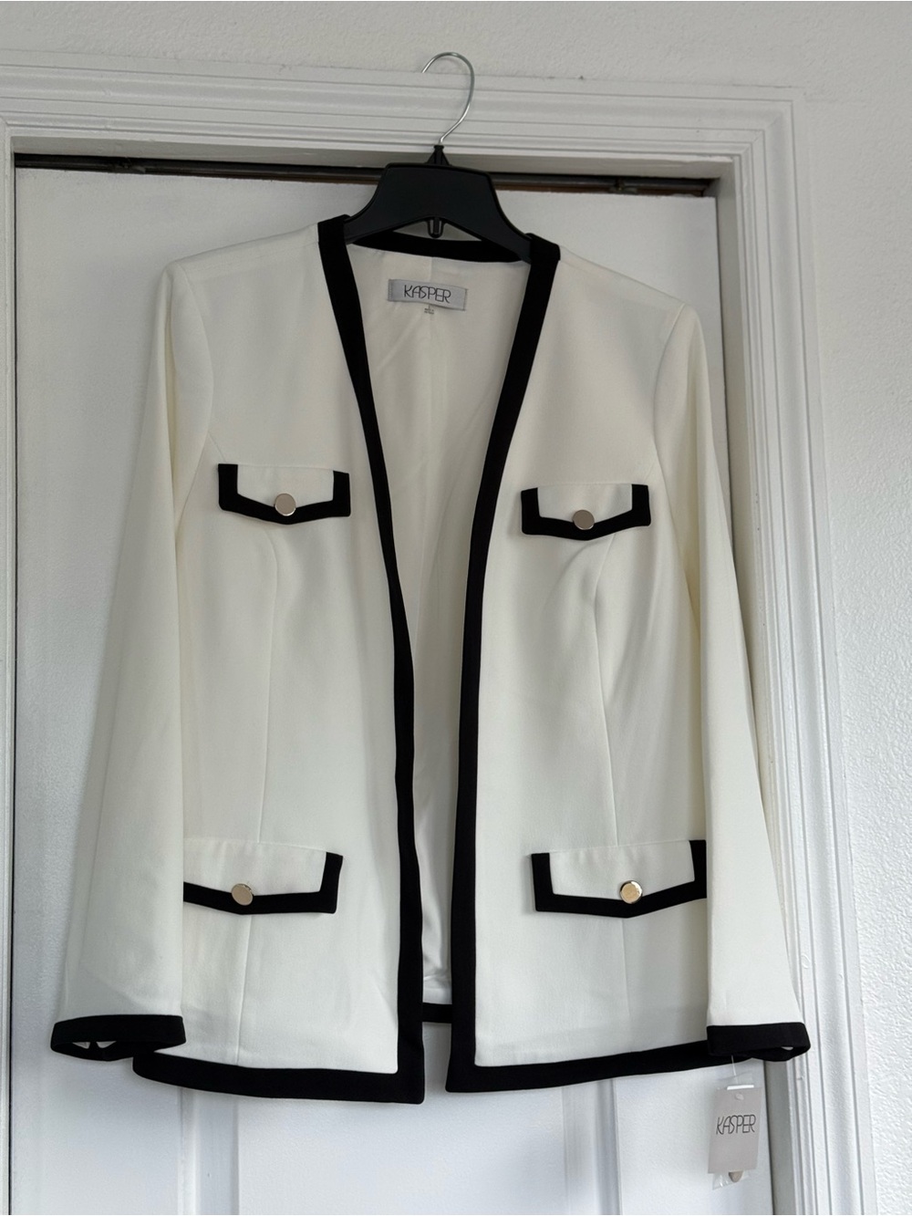Kasper Cream Open-Front Jacket with Black Trim